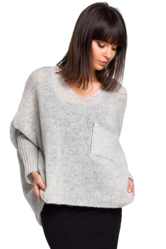 popielaty asymetryczny oversizowy sweter z kieszonką