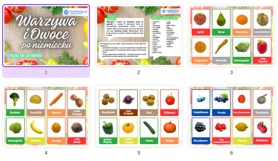 Warzywa i owoce po niemiecku: Fiszki do wydruku