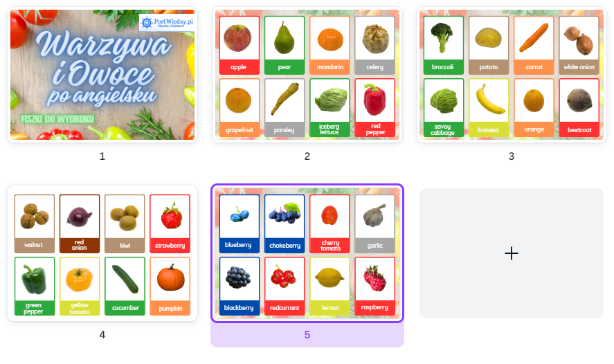 Warzywa i owoce po angielsku: Fiszki do wydruku