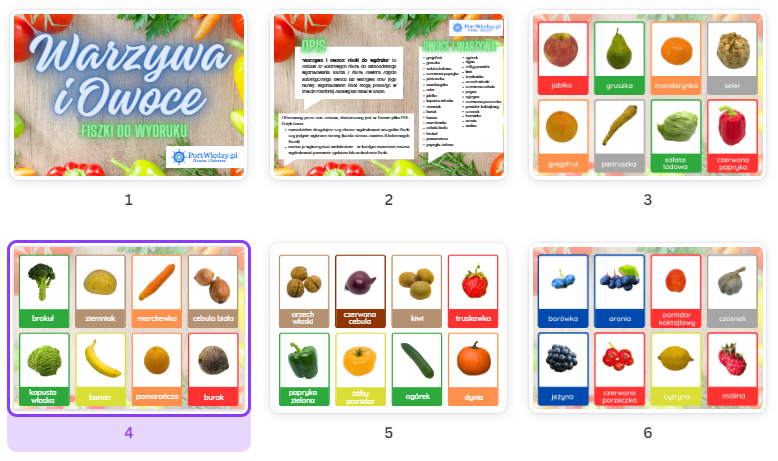 Warzywa i owoce: Fiszki do wydruku